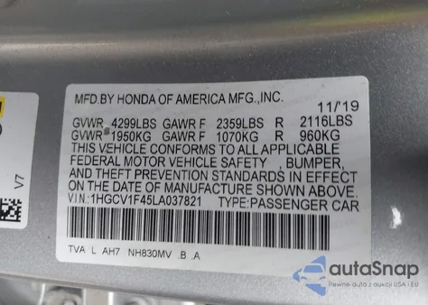 2020 Honda Accord Ex из США, поврежденный, VIN 1HGCV1F45LA037821